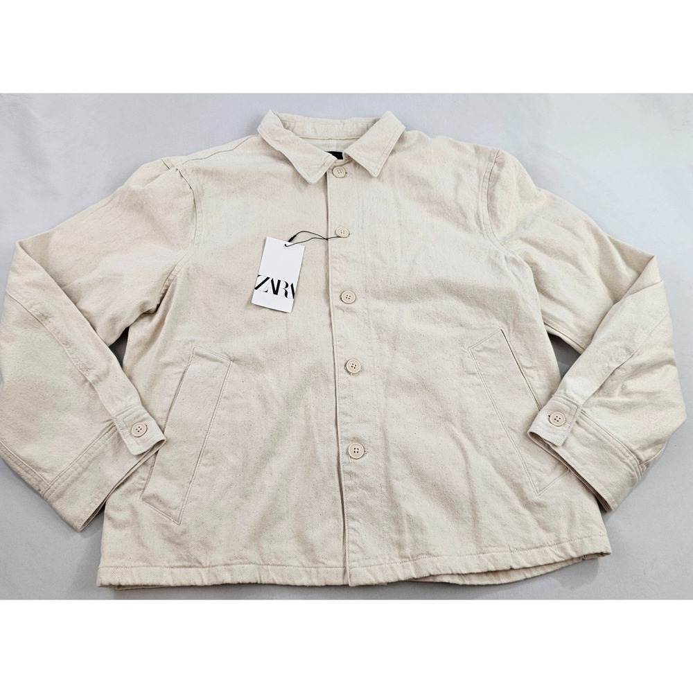 Zara Man Ivory Denim Button Up Jacket Mens L Cream 7147/312/052 NEW